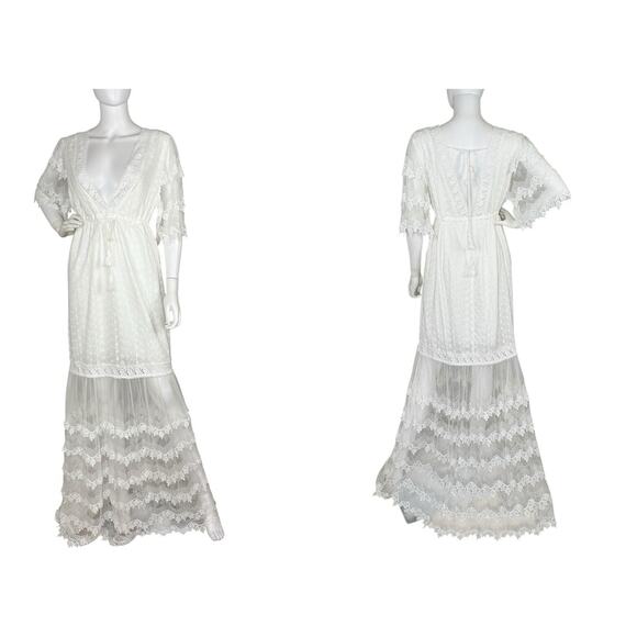 Size S Eyelet Lace Maxi Dress Tiered Ruffle Cottagecore Peasant Boho White - Picture 1 of 11